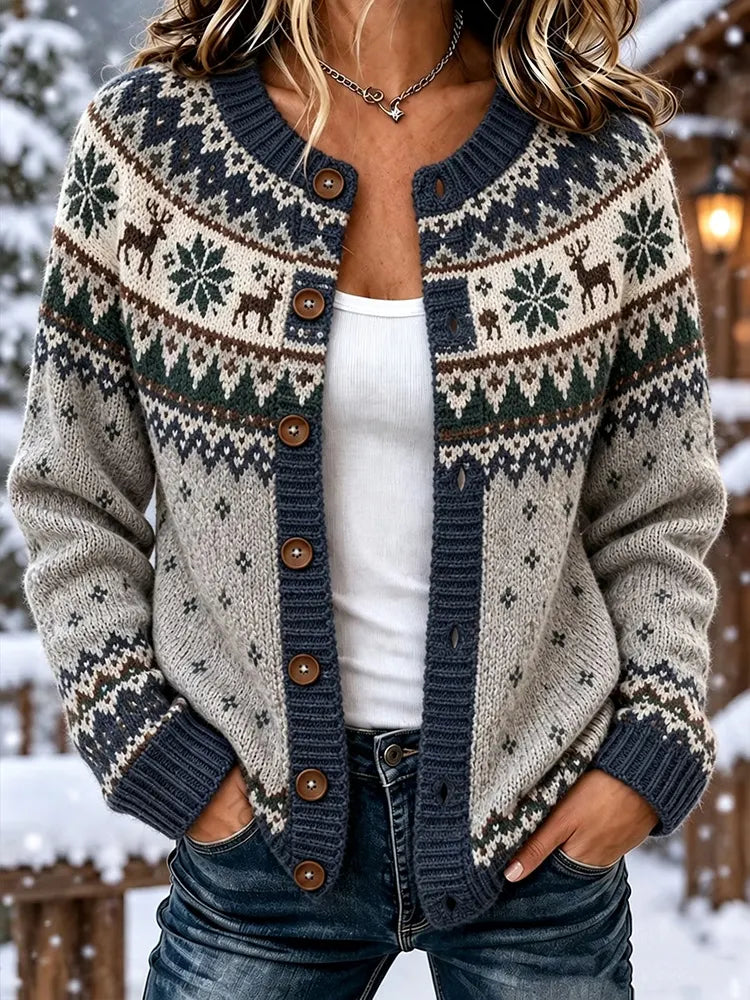 Women's Nordic Style Reindeer Snowflake Tree Print Knitted Cardigan