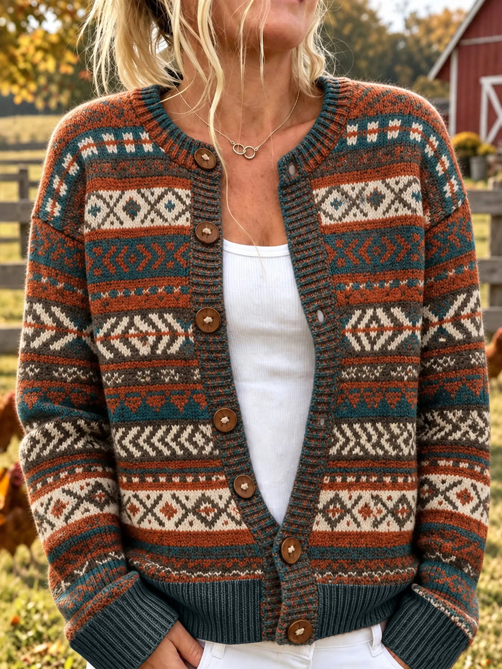 Women's Icelandic Style Geometry Pattern Art Casual Knit Cardigan