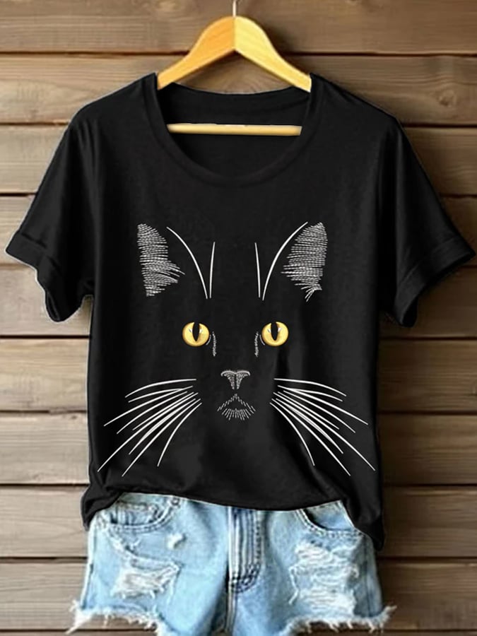 🐾Buy 3 Save 10%🐱Womens Animal Print Cat Graphic Crew Neck Comfortable T-Shirt💛100% For Shelter Pets🐱🐶
