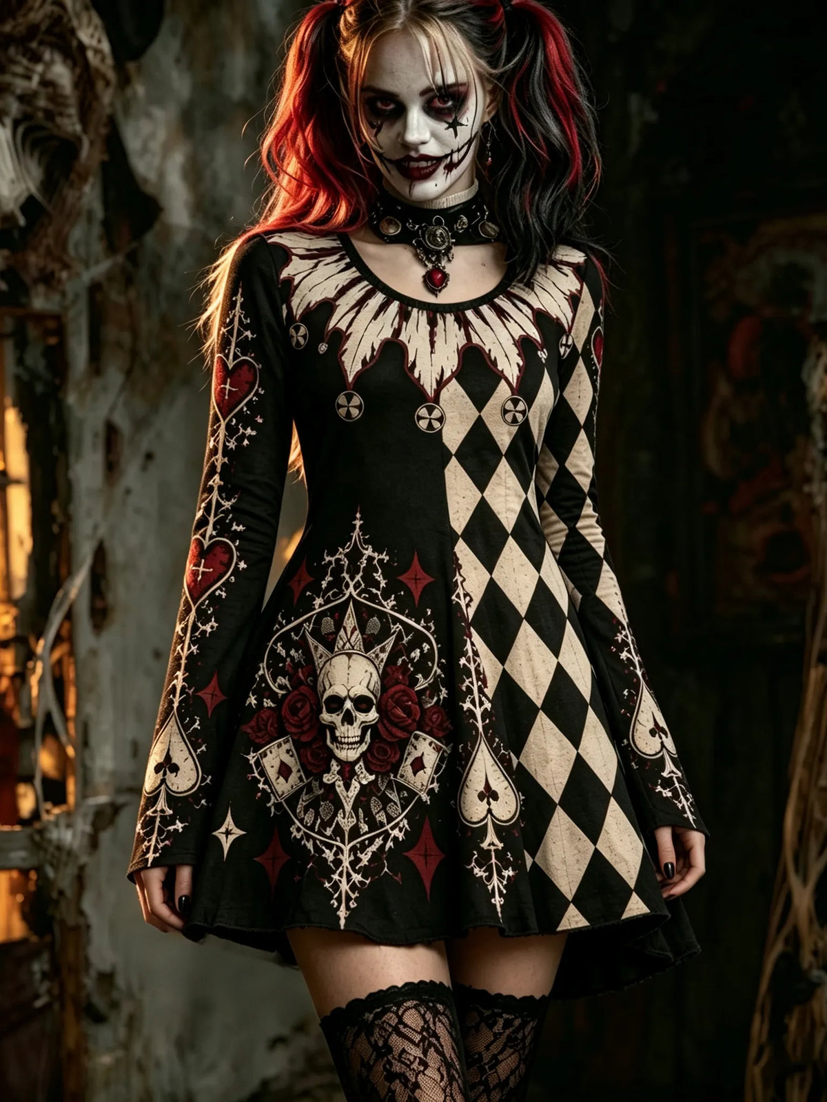 Women's Vintage Halloween Gothic Skull Poker Harlequin Art Print Comfy Mini Dress