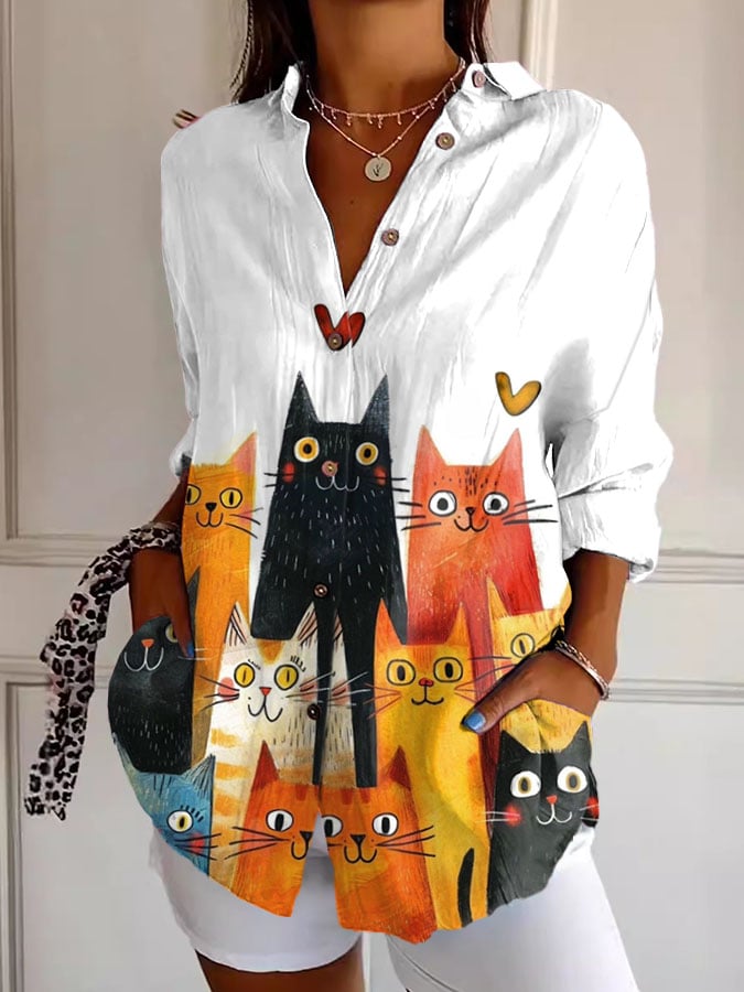 Women's Retro Funny Animal Cat Print Casual Shirt