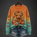 Women's Autumn Highland Cattle Pumpkin Gradient Pattern  Print Crew Neck Long-sleeve Knit Sweatshirt