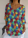 🐾Buy 3 Save 10%🐱Women's Retro Funny Animal Cat Print Mid Sleeve T-Shirt💛100% For Shelter Pets🐱🐶