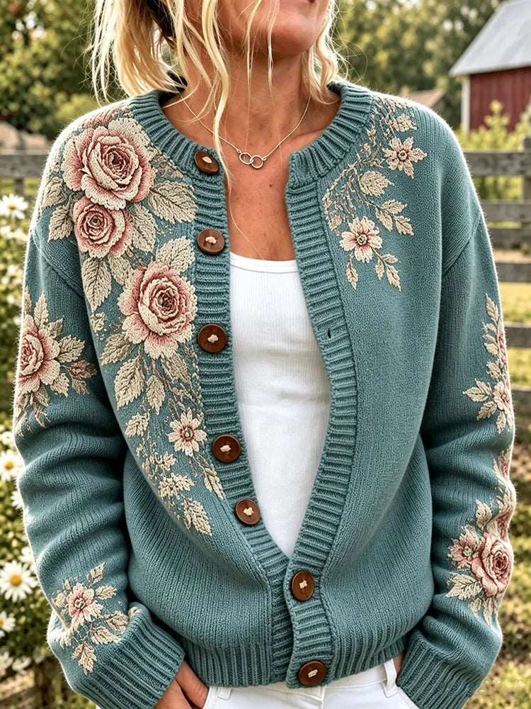 Women's Vintage Rose Floral Jacquard Knit Cardigan