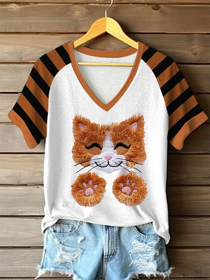 Women's Retro Cute Cat  Print Raglan Short Sleeve T-Shirt