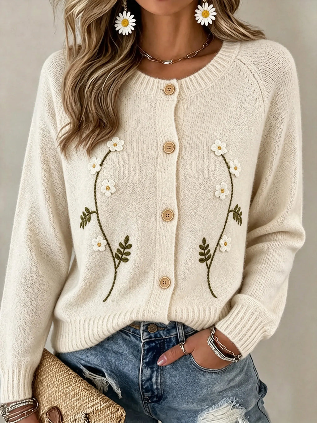 Women's Casual Floral Embroidery Plain Knit Cozy Cardigan