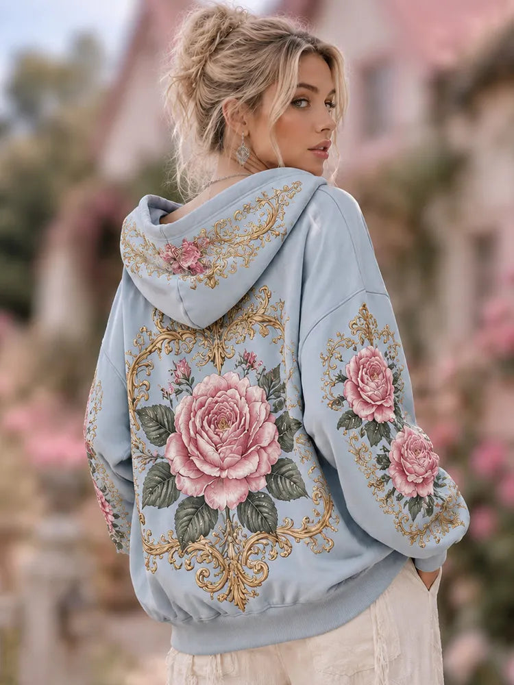 Women's Retro Bohemian Floral Printed Casual Hooded Sweatshirt