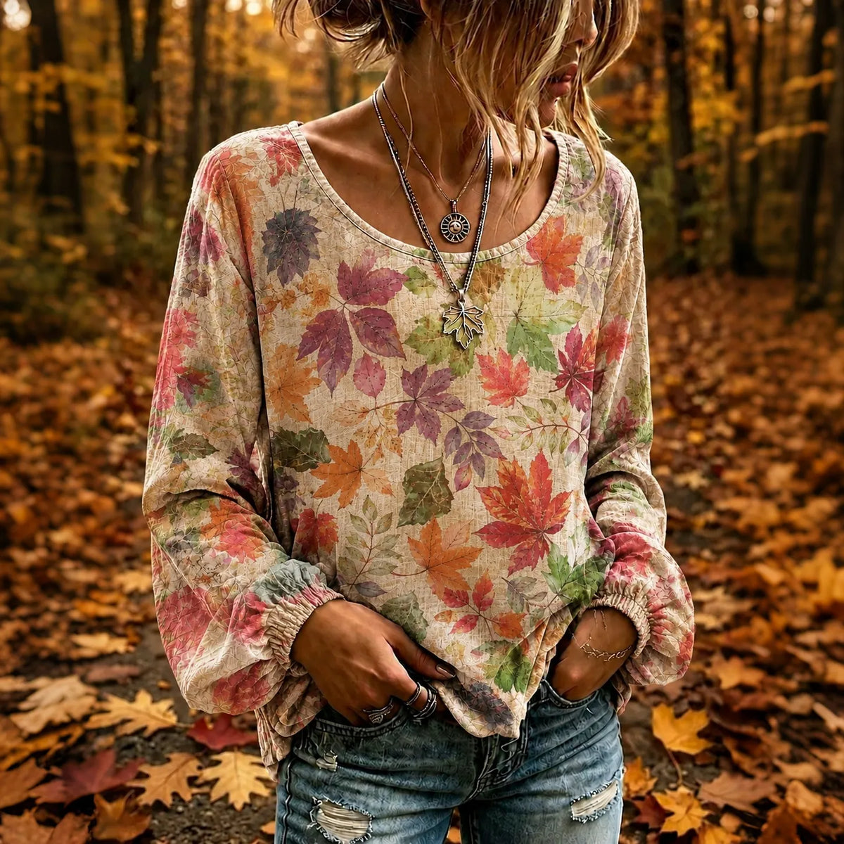 Women's Vintage Boho Fall Maple Leaf Print Art Flowy Linen Blend Tops