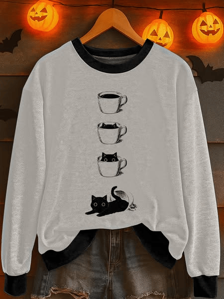 Women's Halloween Fun Black Cat Print Sweatshirt