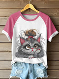 Women's Retro Funny Animal Cat Print Short Sleeve Top