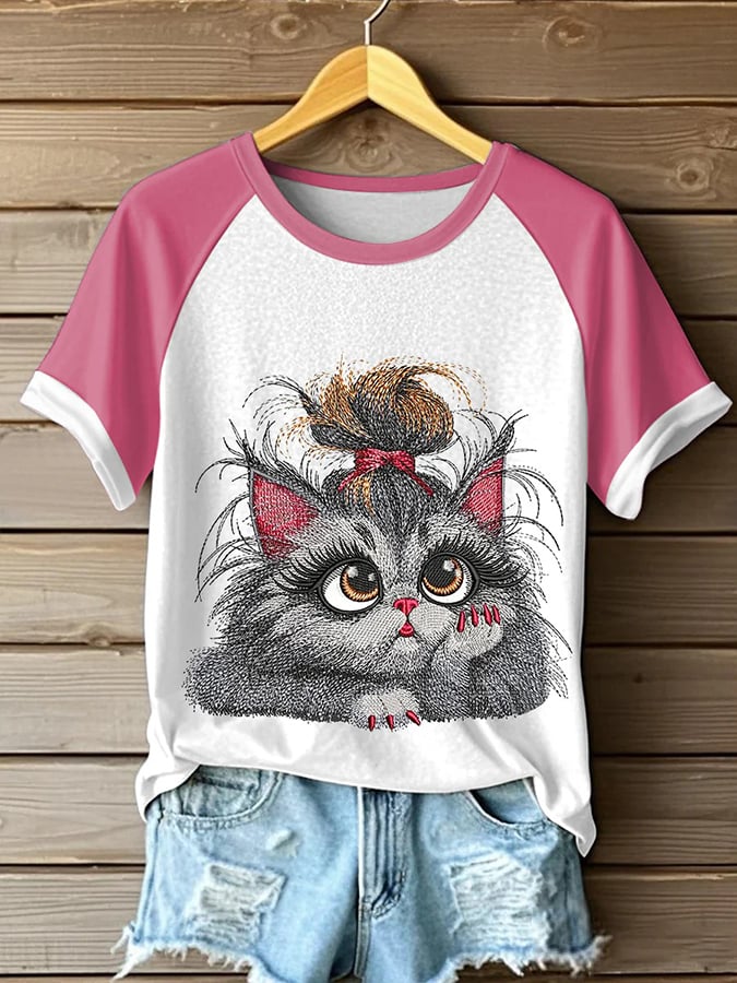 Women's Retro Funny Animal Cat Print Short Sleeve Top