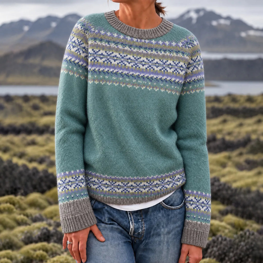 Women's Retro Fair Isle Jacquard Knit Pattern Cozy Crewneck Sweater