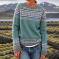 Women's Retro Fair Isle Jacquard Knit Pattern Cozy Crewneck Sweater