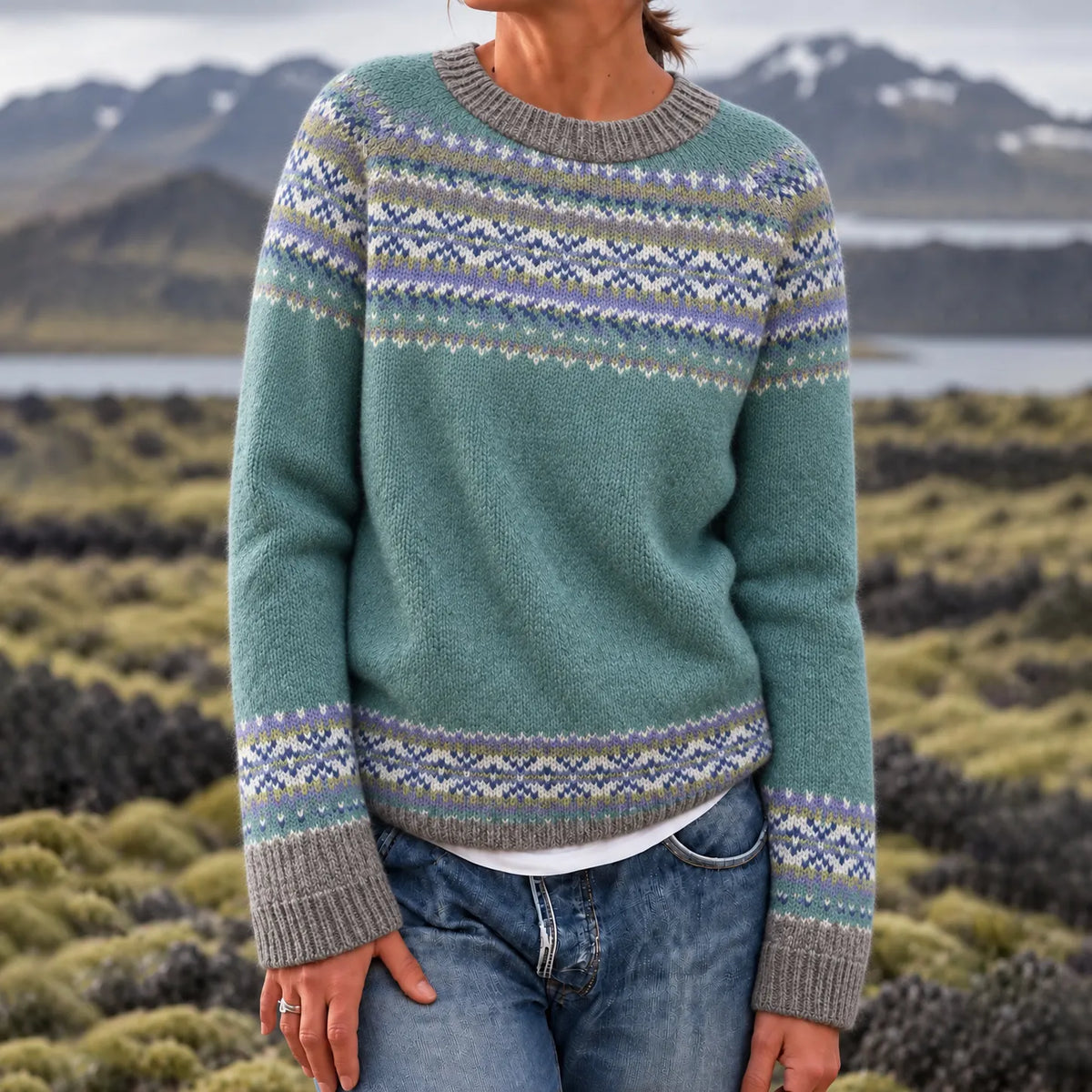 Women's Retro Fair Isle Jacquard Knit Pattern Cozy Crewneck Sweater