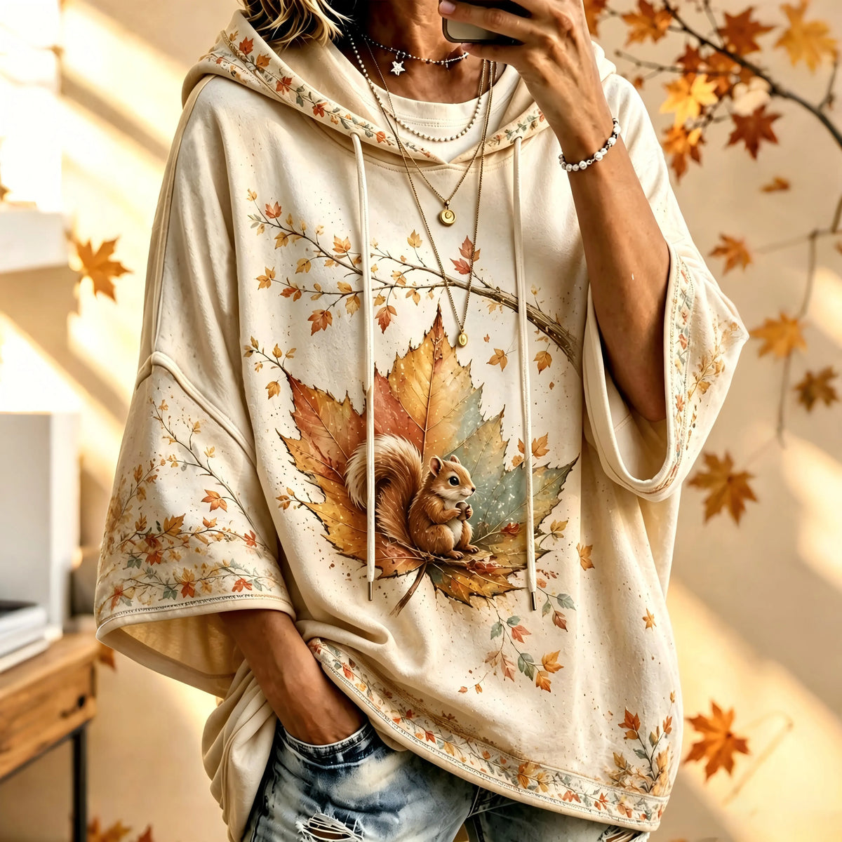Women's Cute Squirrel Fall In Maple Leaf Print Half Sleeve Casual Hoodie