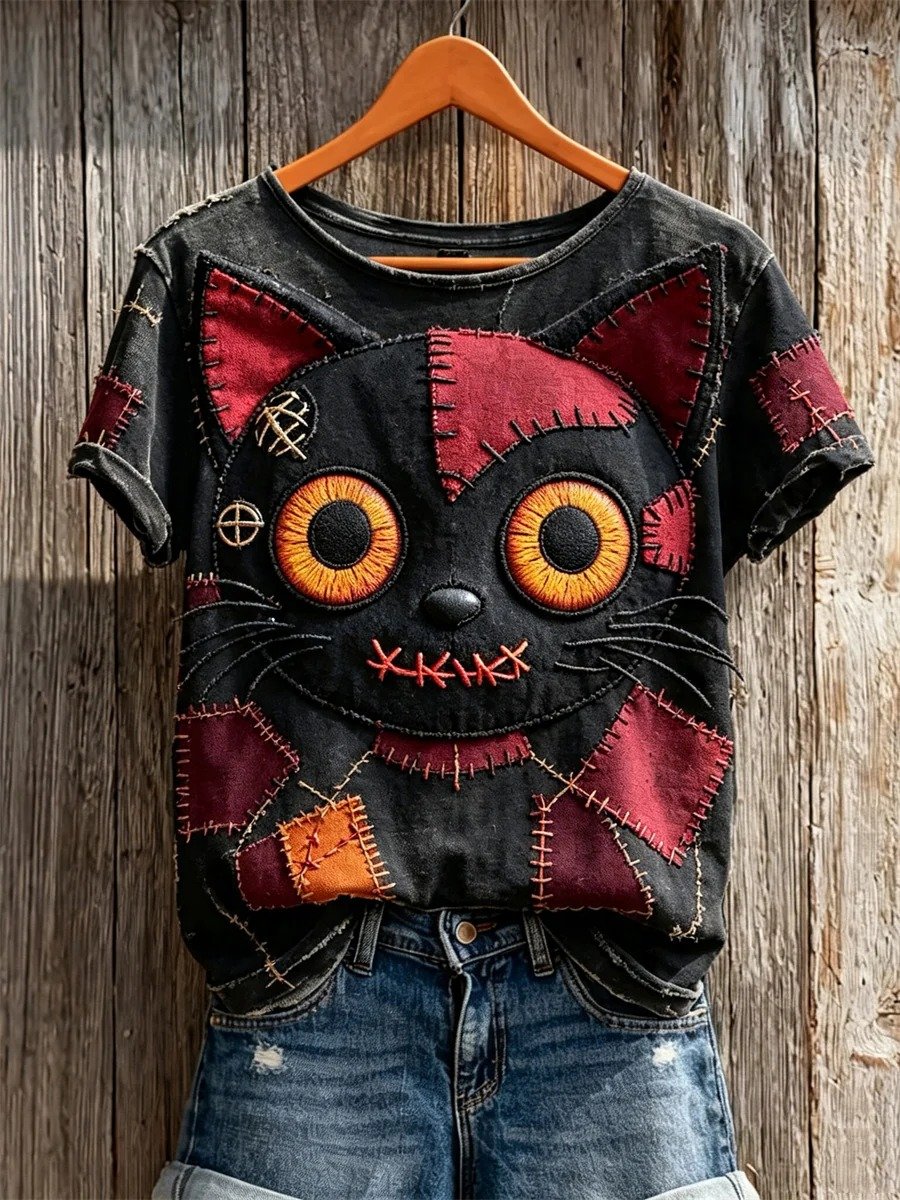 Women's Vintage Stitched Cat Monster Patchwork Art Print short-sleeved T-shirt
