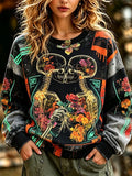 Women's Vintage Washed Boho Hippie X-ray Skeleton Lovers Kiss Floral Rose Graphic Crewneck Sweatshirt