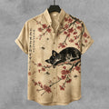 Men's Vintage Lazy Cat Sleeps In Cherry Blossom Pattern Linen Blend Casual Shirt