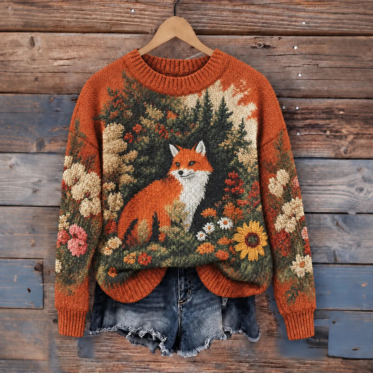 Women's Vintage Fox And Floral Pattern Cozy Knit Sweater