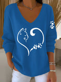 Women's Casual Cat Paw & Heart Print T-Shirt