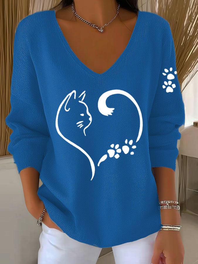 Women's Casual Cat Paw & Heart Print T-Shirt