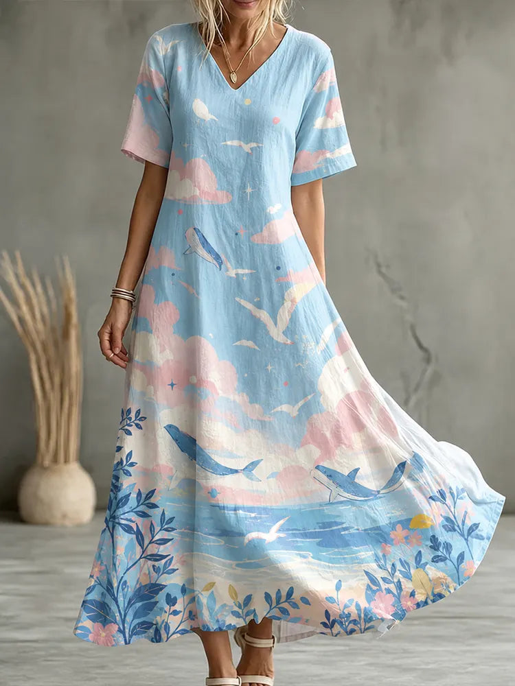 Women's Ocean Whale Cloud Print V-neck Maxi Dress