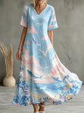 Women's Ocean Whale Cloud Print V-neck Maxi Dress