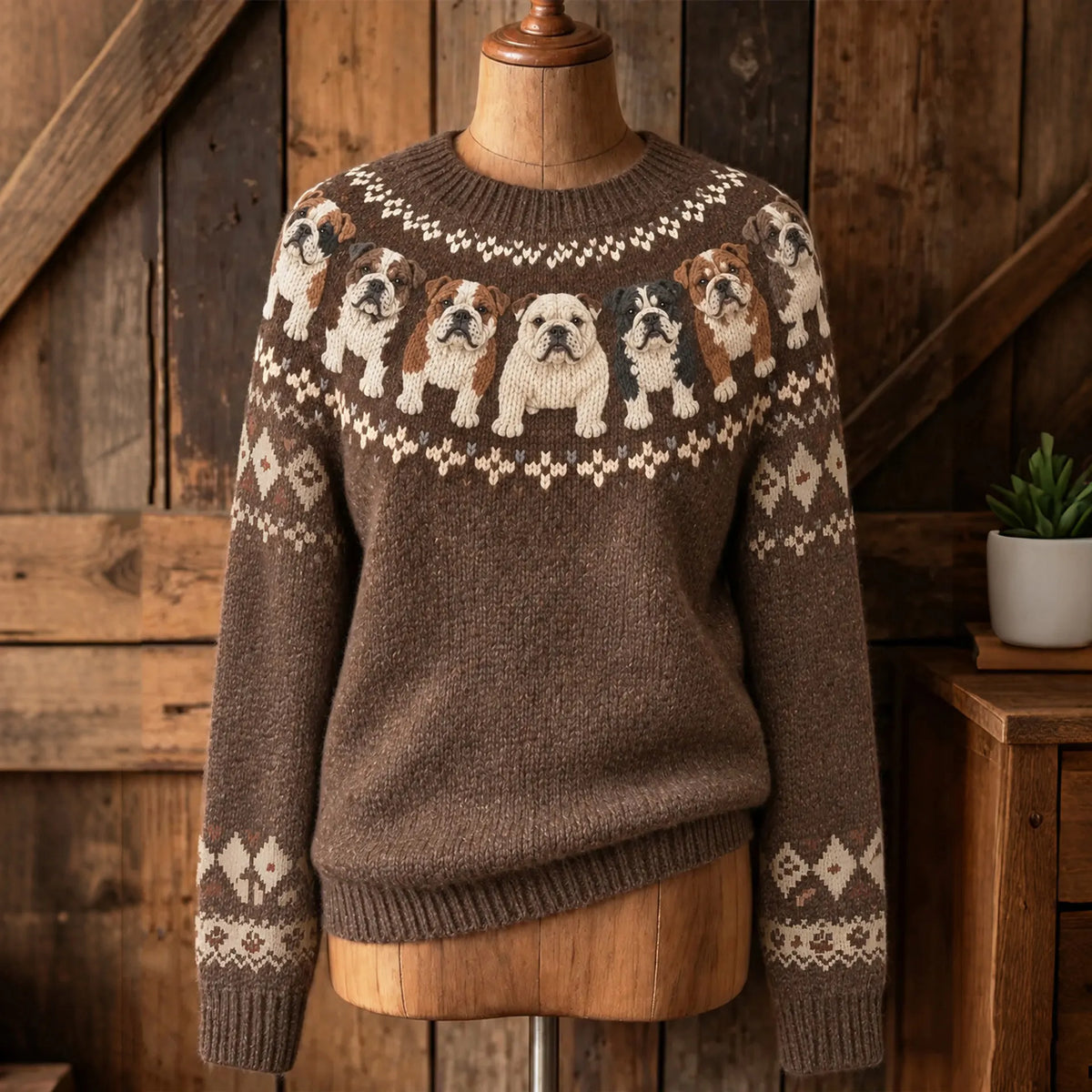 Women's Retro English Bulldog Puppy Pattern Cozy Fair Isle Style Knit Sweater