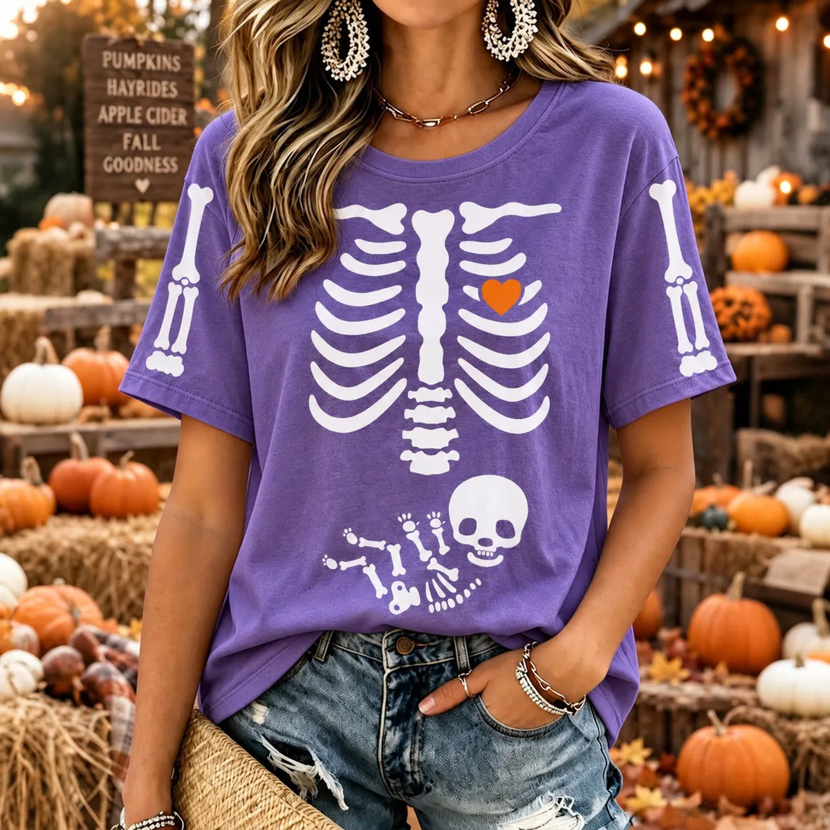 Women's Vintage Halloween Fall Heart In Skeleton Print Crew Neck Short Sleeve T-shirt