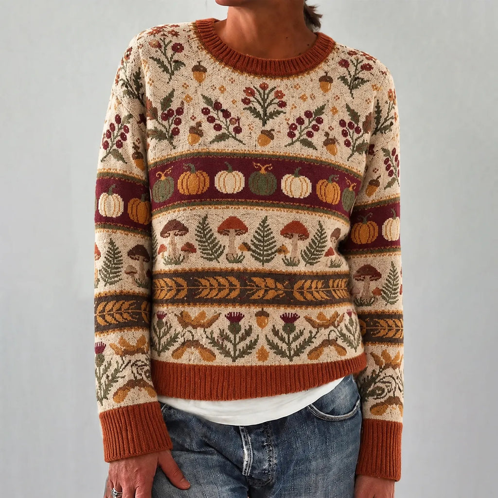 Women's Autumn Fall Forest Pumpkin Pattern Design Leisure Cozy Knit Sweater