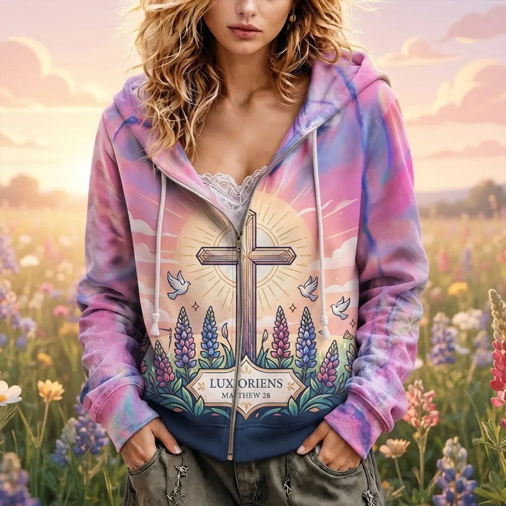 Women's Christian Cross Floral Zip-up Hoodie