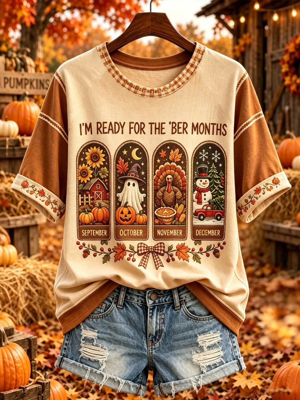 Women's Retro Vacation Autumn Color Block Print Crew Neck Short Sleeve T-shirt