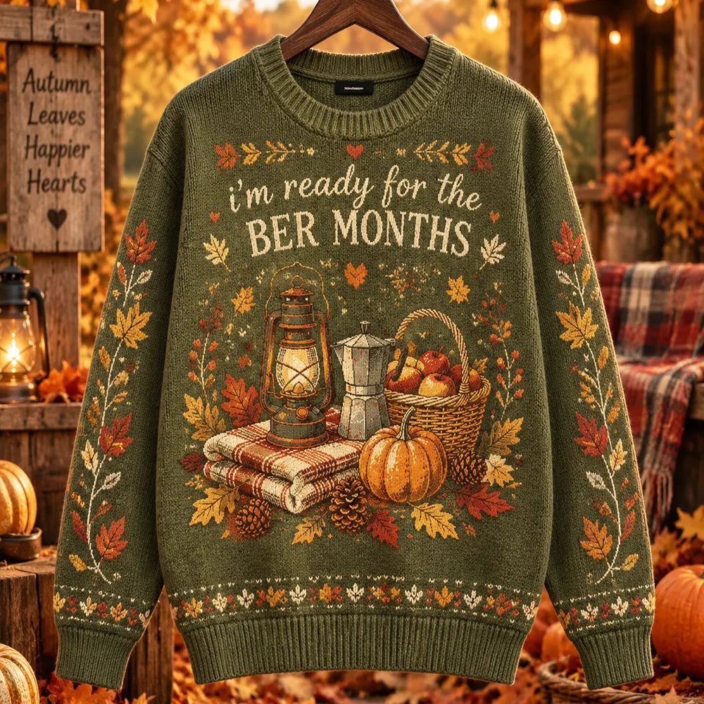 Women's Autumn "ber Months" Green Knit Sweater With Lantern, Moka Pot & Pumpkin Pattern