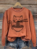 Women'S Minimalist Cat Eating Ramen Print Casual Sweatshirt