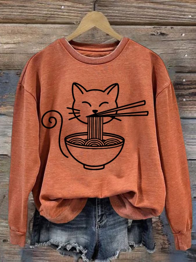 Women'S Minimalist Cat Eating Ramen Print Casual Sweatshirt