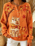 Women's Casual Print Button-Up Collar Knit Top