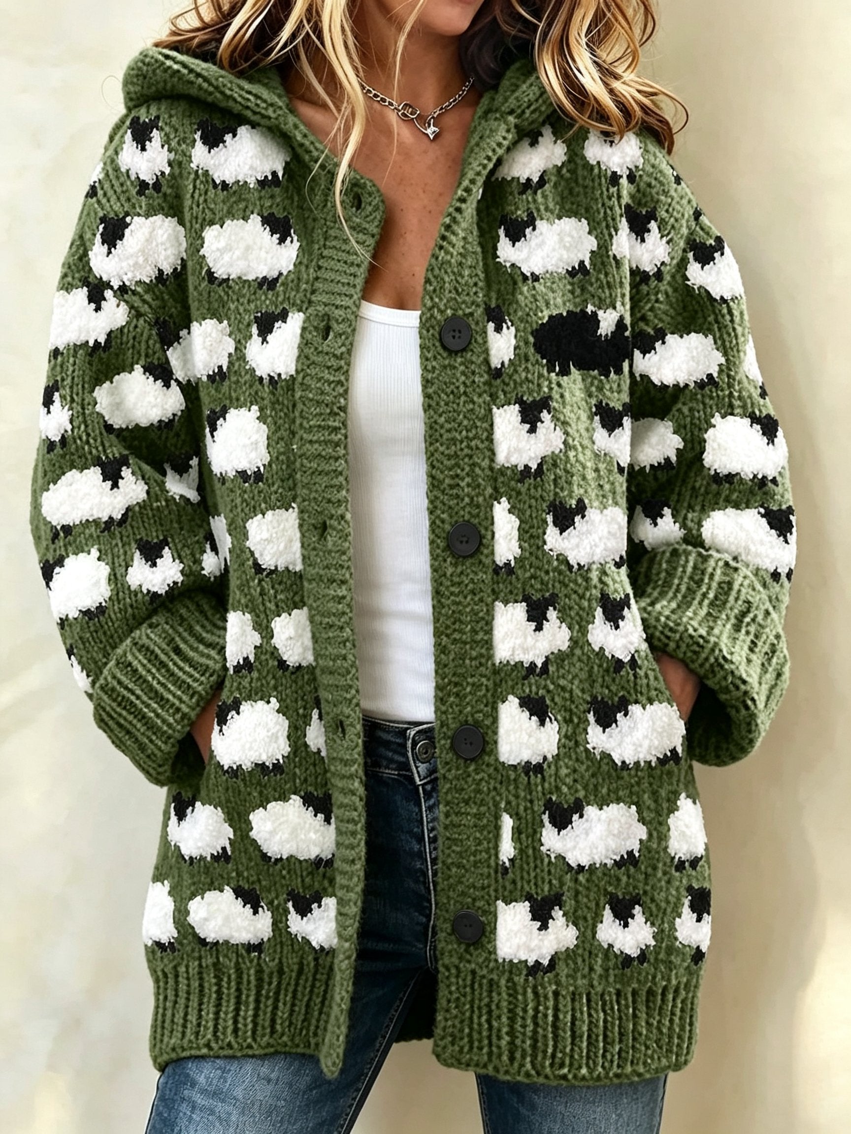 Women's Casual Printed Knitted Fabric Plush Jacket Cardigan
