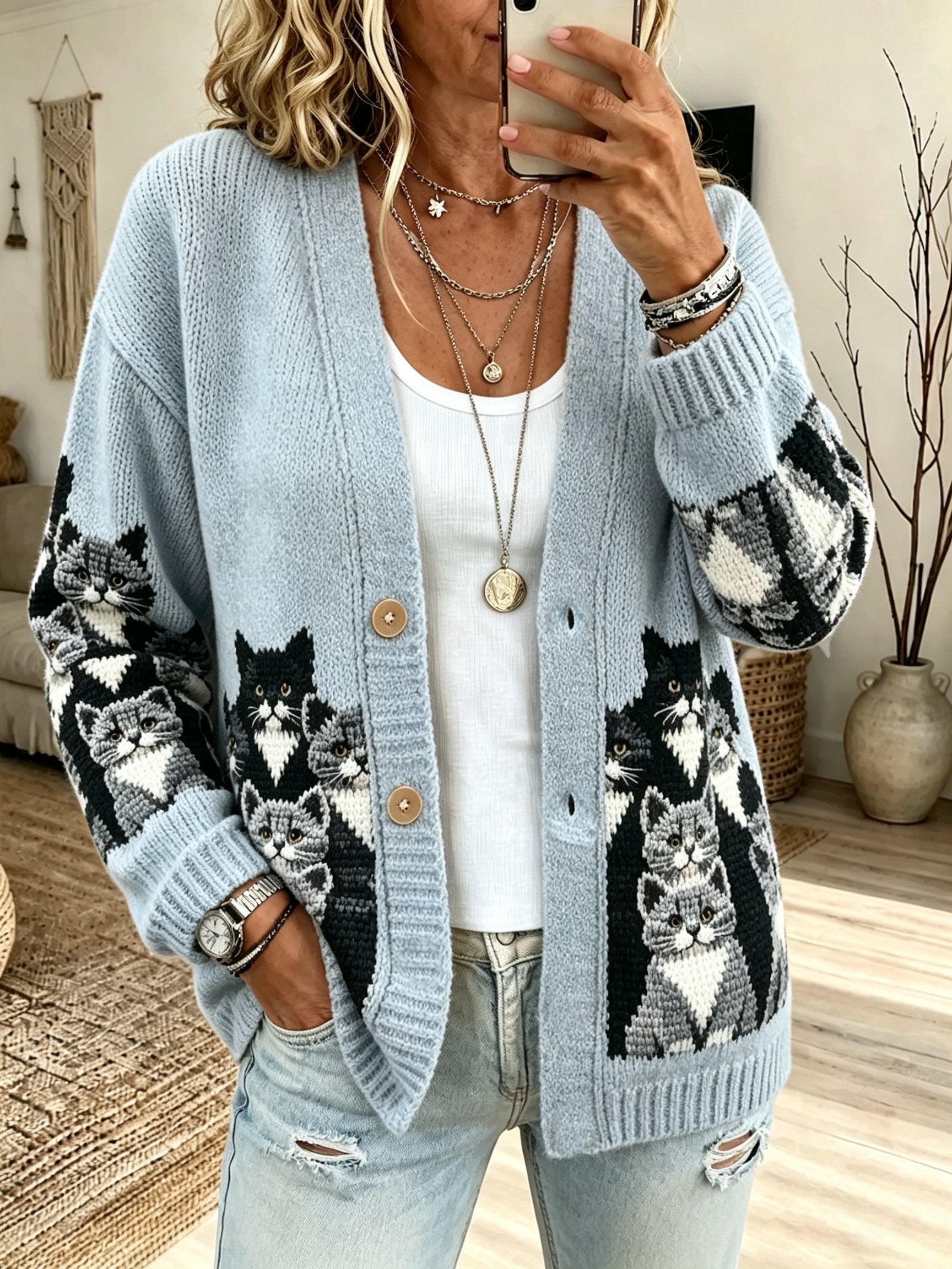 Women's Retro Cat Print Sweater Jacket