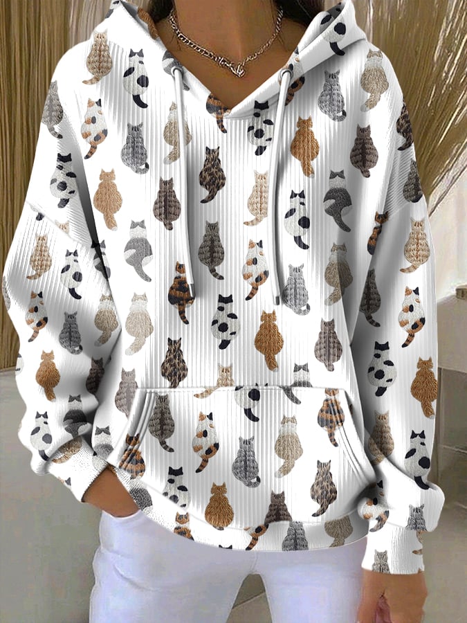 Women's Cat Print Casual Hooded Sweatshirt