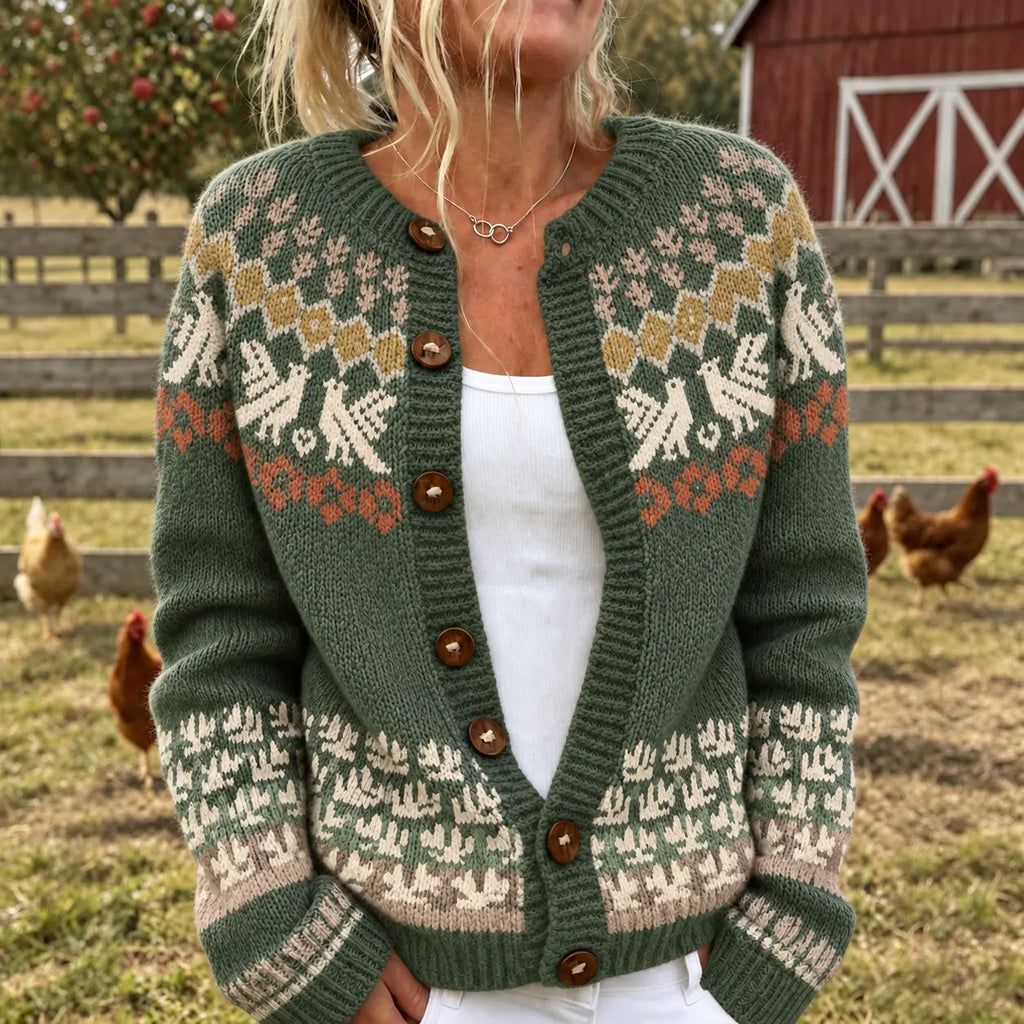Women's Vintage Bird Art Pattern Cozy Knit Cardigan