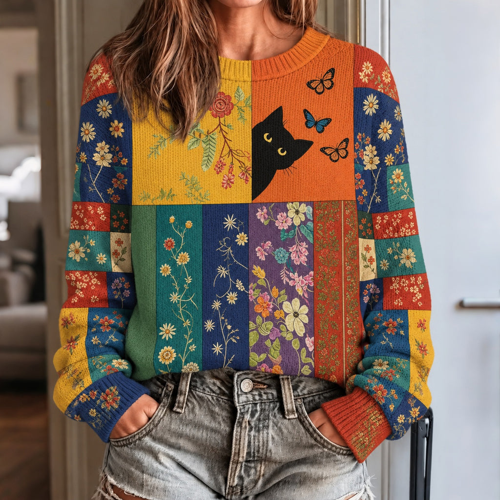 Women's Retro Colorful Black Cat With Floral Pattern Art Casual Knit Sweater