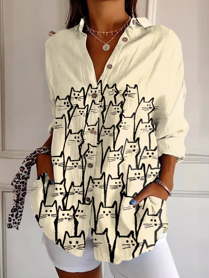 Women's Retro Funny Animal Cat Print Casual Shirt