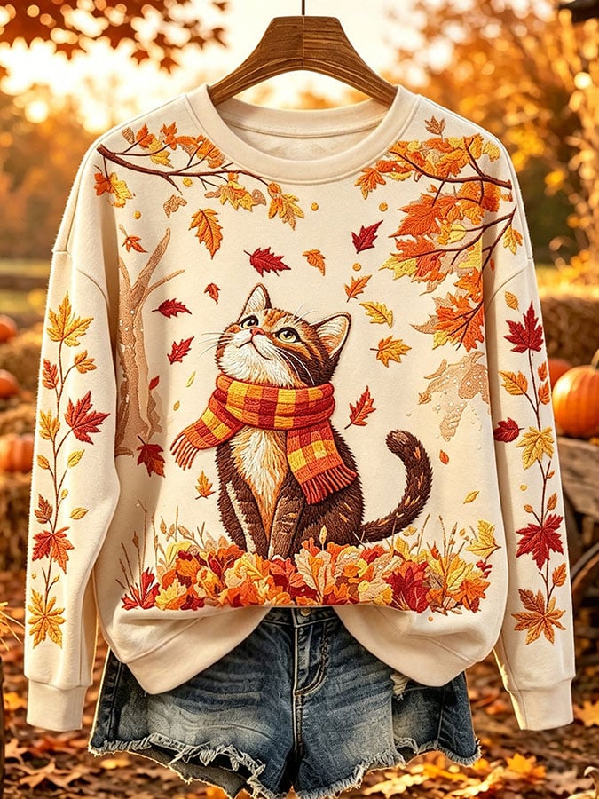 Women's Cute Cat Fall Art Print Casual Sweatshirt