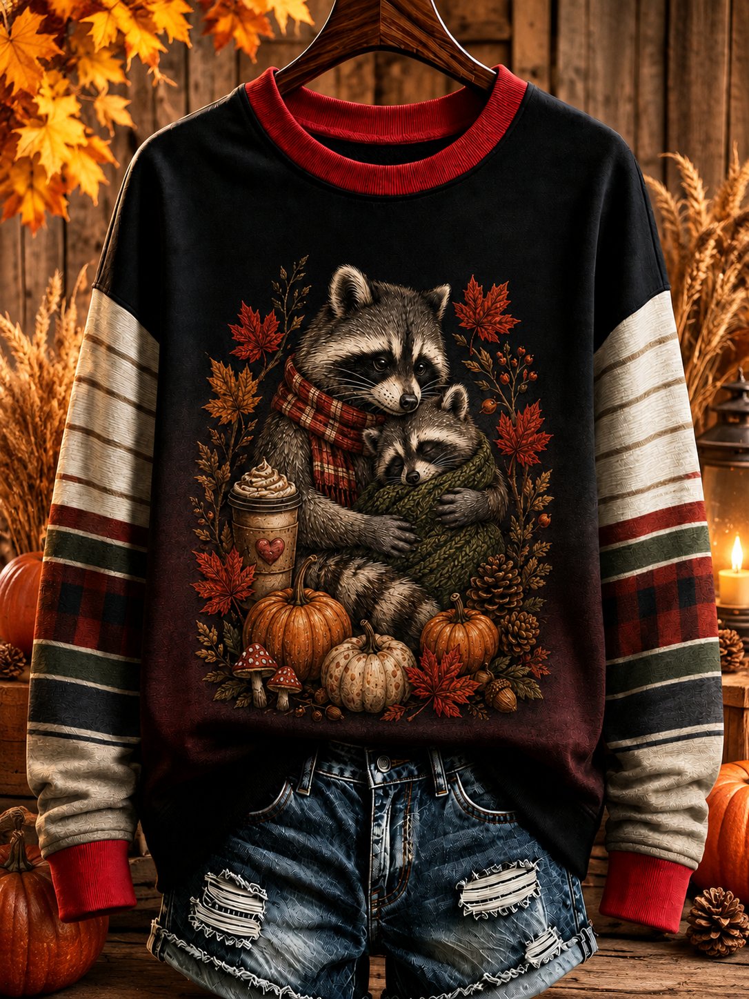 Women's Vintage Fall Raccoon Print Sweatshirt