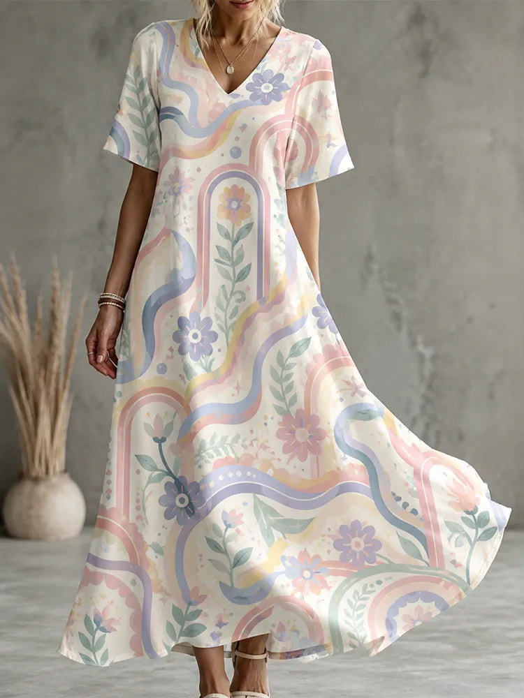 Women's Spring Floral Butterfly Print Pocket Midi Dress
