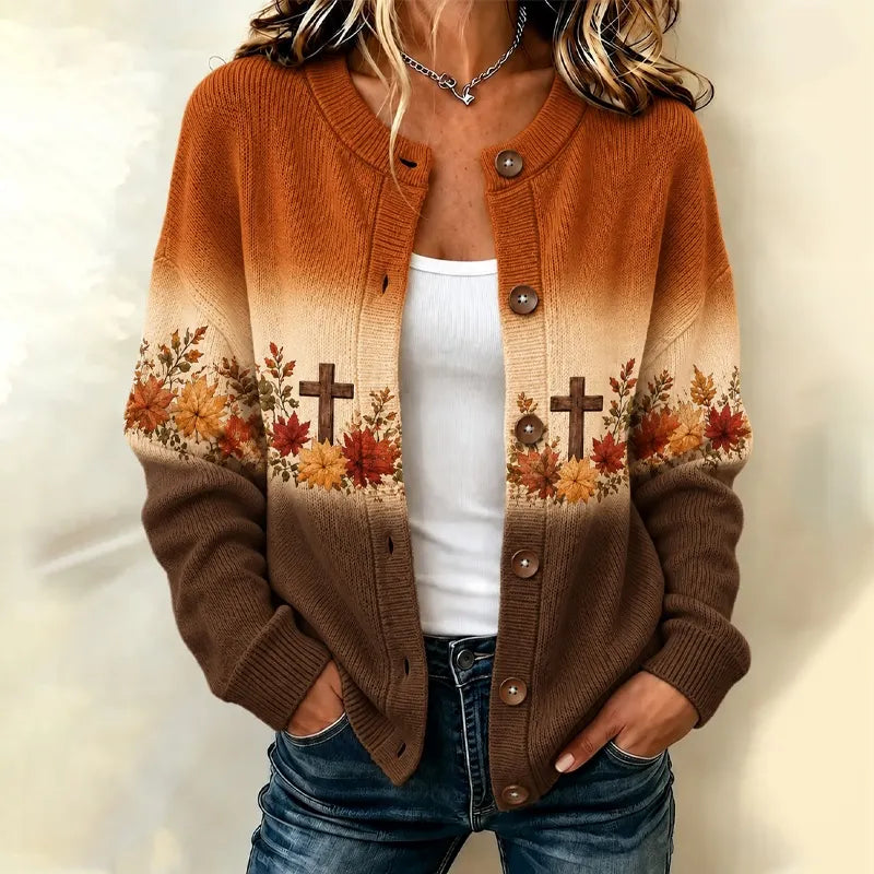 Women's Autumn Halloween Cross And Maple Leaf Pattern Tri-color Gradient Knit Cardigan