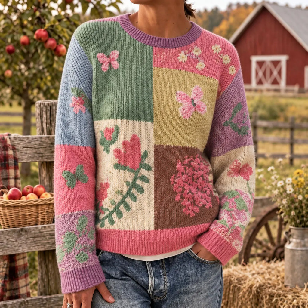 Women's Color-block Floral & Butterfly Print Knit Crew-neck Warm Sweater