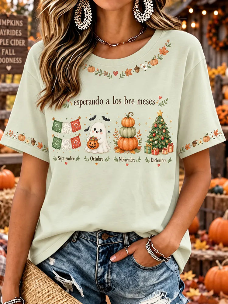 Women's Vintage Halloween Fall Print Crew Neck Short Sleeve T-shirt