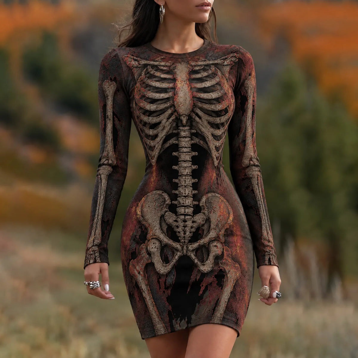 Women's Vintage Halloween Skeleton In Rust Art Comfy Mini Bodycon Dress