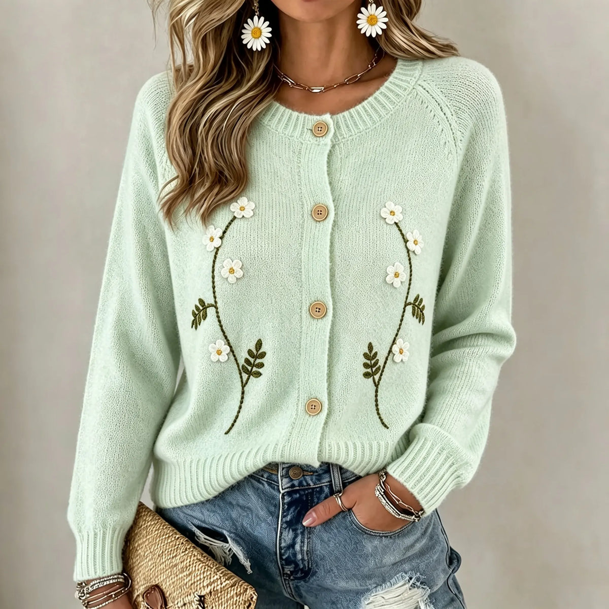 Women's Casual Floral Embroidery Plain Knit Cozy Cardigan